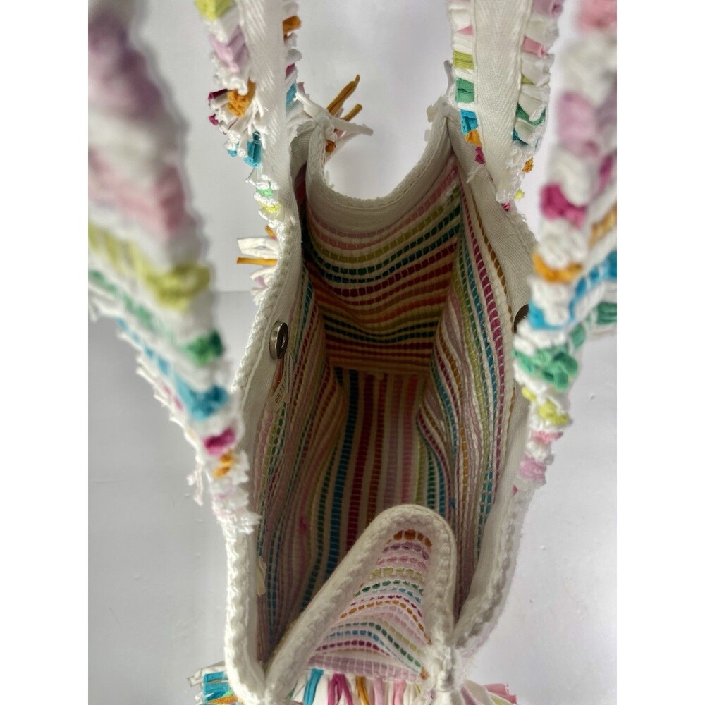 Shiraleah Chicago Recycled Cotton Rag Tote Bag Multi-Color Striped Boho Fringe - Picture 6 of 14
